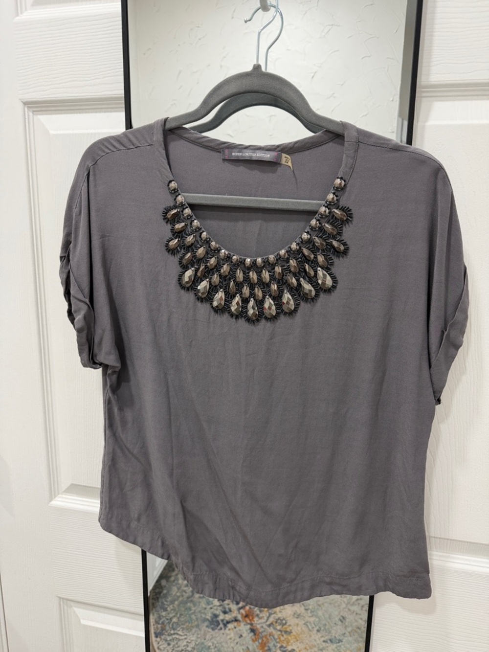 Boden Gray Short Sleeve Top with Beaded Necklace Detail